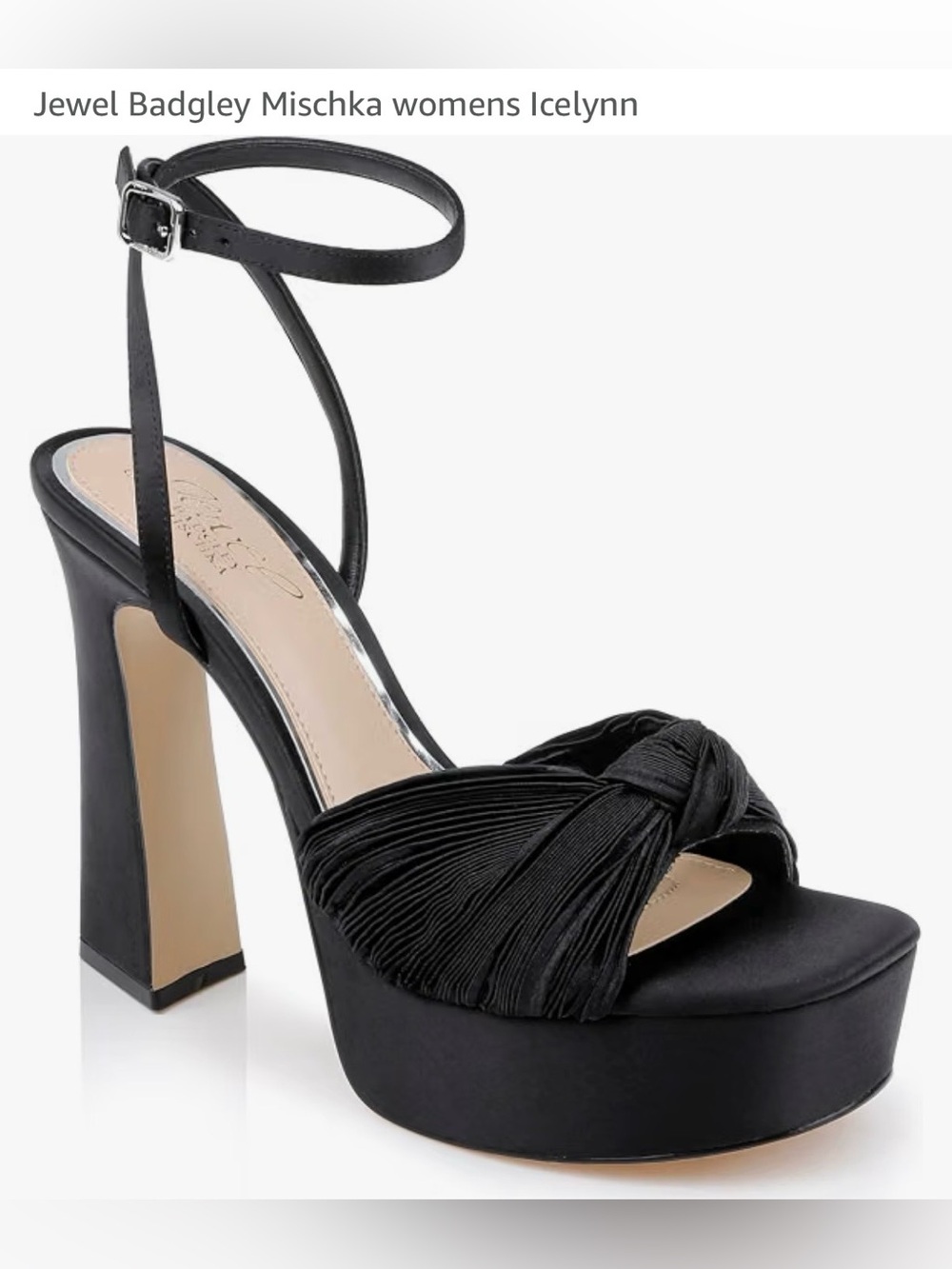 Jewel Badgley Mischka Icelynn Black Satin Knotted Platform Ankle-Strap Heel